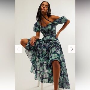 Free People Sundrenched Short-Sleeve Maxi Dress Emerald Combo XS NWT